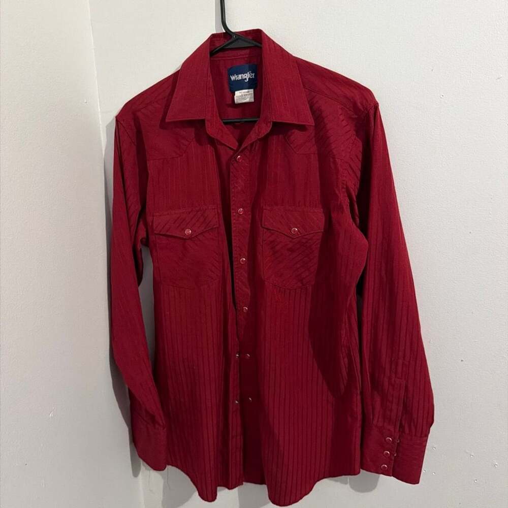 Wrangler Western Snap Dobby Stripe Shirt Size M Red Long Sleeve
